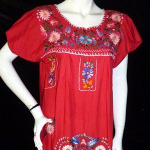 Vintage Mexican Oaxacan Red Embroidered Dress One Size S M L Fiesta Festival